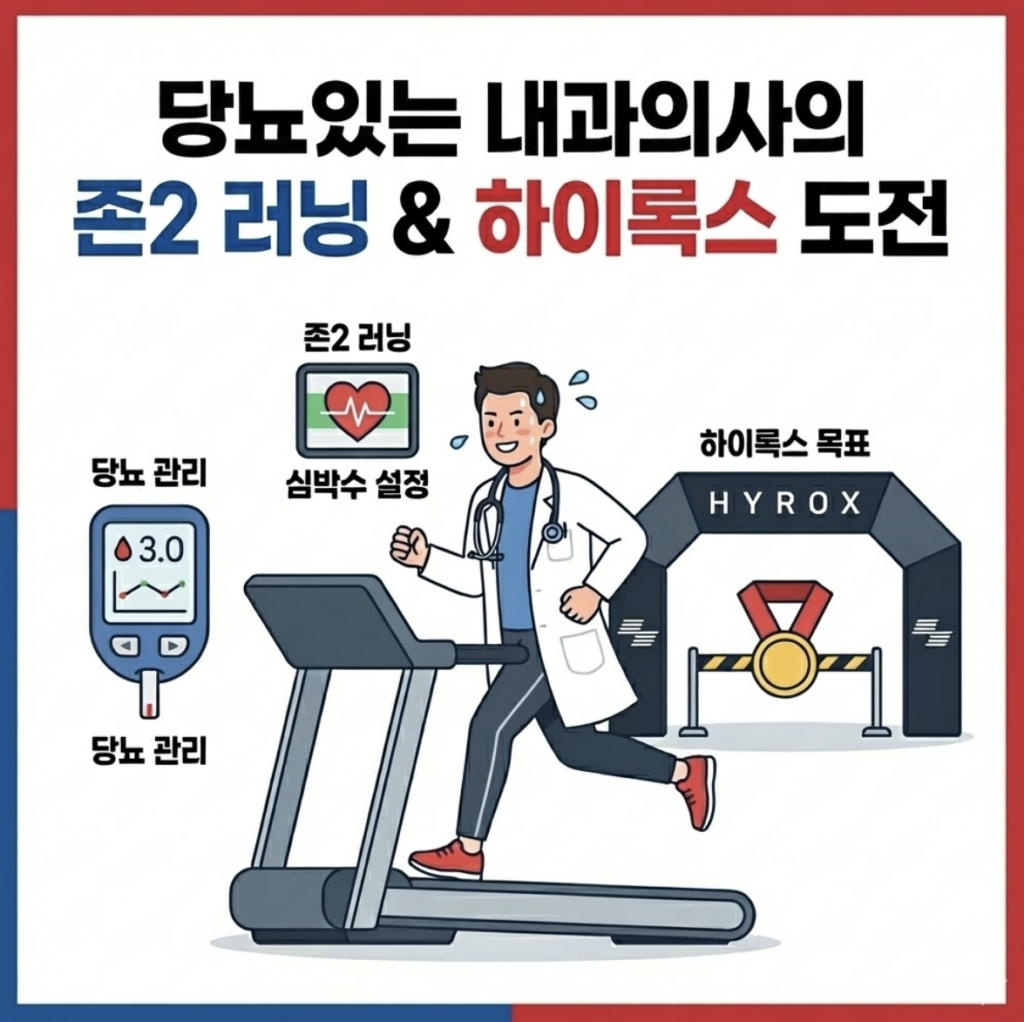 당뇨 내과의사가 흰 가운을 입고 트레드밀 위에서 땀 흘리며 존2 러닝을 하는 일러스트 썸네일. 좌측에는 혈당 측정기(수치 3.0)와 '당뇨 관리' 문구가, 중앙에는 심박수 모니터와 '존2 러닝 심박수 설정' 문구가, 우측에는 HYROX 피니시 게이트와 메달, '하이록스 목표' 문구가 배치되어 있다. 상단 큰 제목은 '당뇨 내과의사의 존2 러닝 & 하이록스 도전'이며, 테두리는 상단 빨강, 하단 파랑으로 나뉘어 있다.