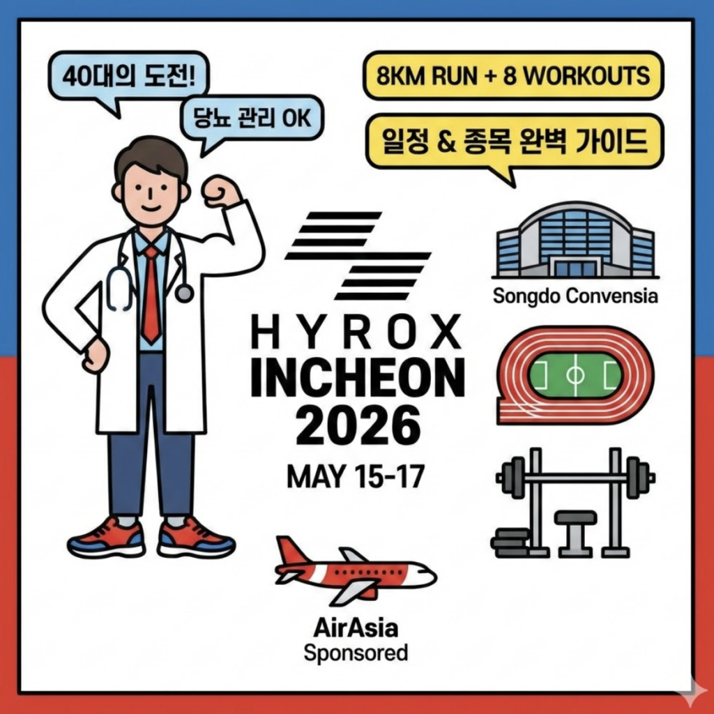 흰색 배경에 푸른색과 붉은색 테두리가 둘러진 인포그래픽 썸네일. 의사 가운을 입은 캐릭터가 근육을 뽐내며 '40대의 도전', '당뇨 관리 OK'라고 말하고 있다. 중앙에는 하이록스 인천 2026 일정(5월 15일~17일)과 송도 컨벤시아 아이콘, 경기 구성 정보가 배치되어 있다.