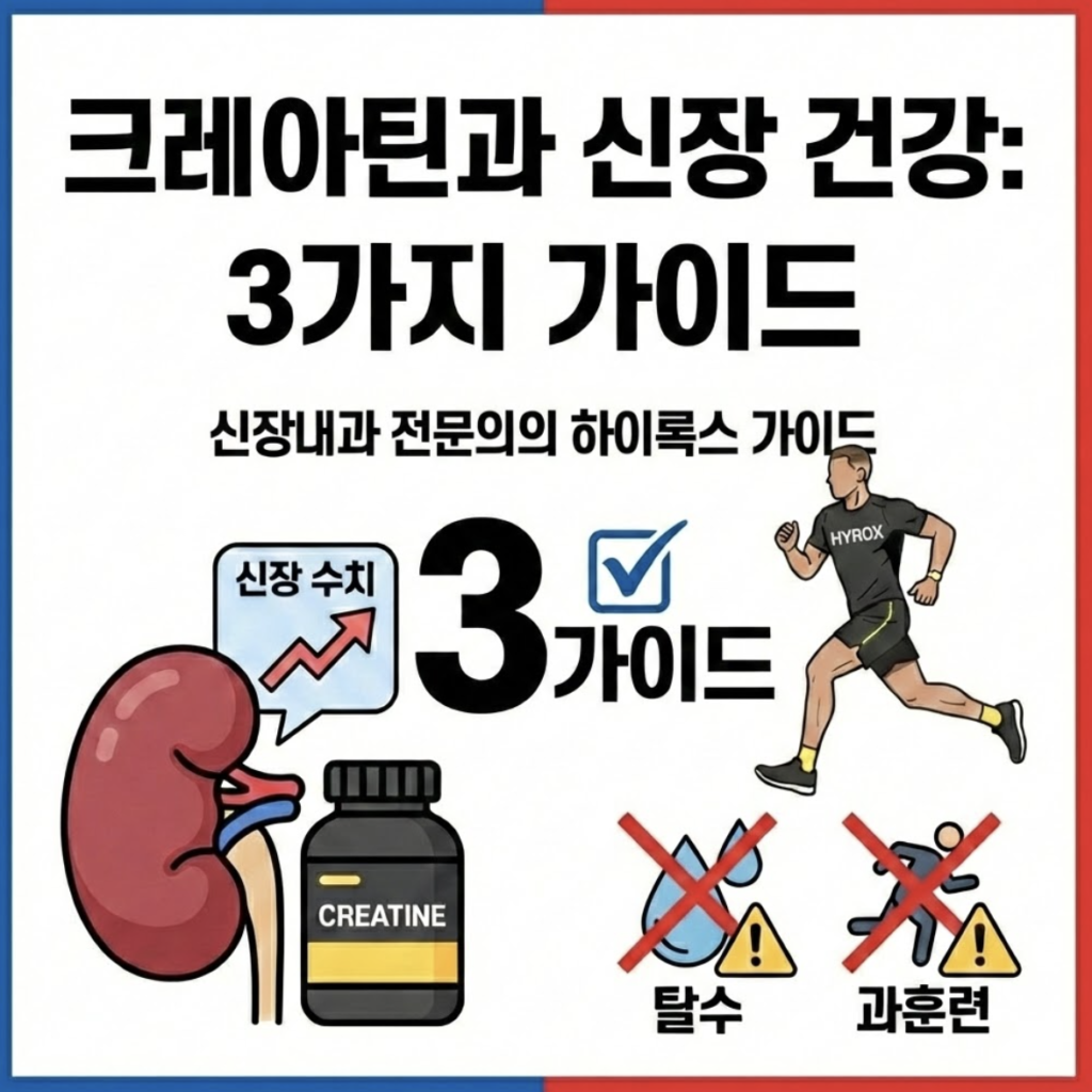 신장내과 전문의가 분석한 크레아틴과 신장 건강의 3가지 진실 인포그래픽 썸네일. 하얀색 배경에 푸른색과 붉은색 테두리가 있으며 신장 일러스트, 크레아틴 보충제, 하이록스 운동을 하는 남성 캐릭터, 탈수 및 과훈련 경고 아이콘이 포함됨.
