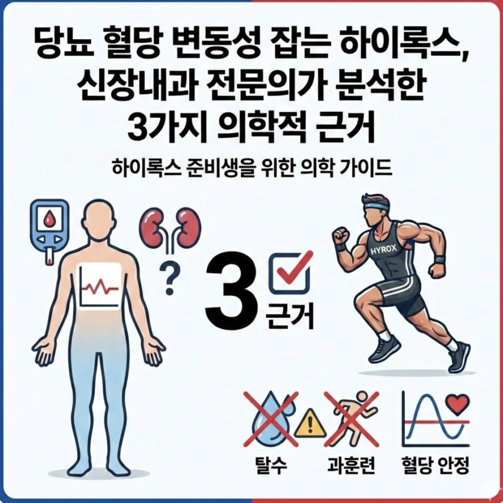 신장내과 전문의가 분석한 하이록스(HYROX) 운동의 당뇨 혈당 변동성 감소 3가지 의학적 근거를 설명하는 인포그래픽입니다. 왼쪽에는 혈당 측정기와 신장 아이콘이 있고, 오른쪽에는 하이록스 유니폼을 입고 달리는 선수가 있습니다. 중앙에는 큰 숫자 '3'과 '근거'라는 텍스트가 체크 표시와 함께 있습니다. 하단에는 탈수와 과훈련에 대한 경고 아이콘(X, 주의 표시)과 혈당 안정을 나타내는 그래프 아이콘(하트 포함)이 배치되어 하이록스 준비생을 위한 의학 가이드를 시각적으로 요약합니다. 전반적으로 파란색과 빨간색 테두리 디자인이 적용되었습니다.