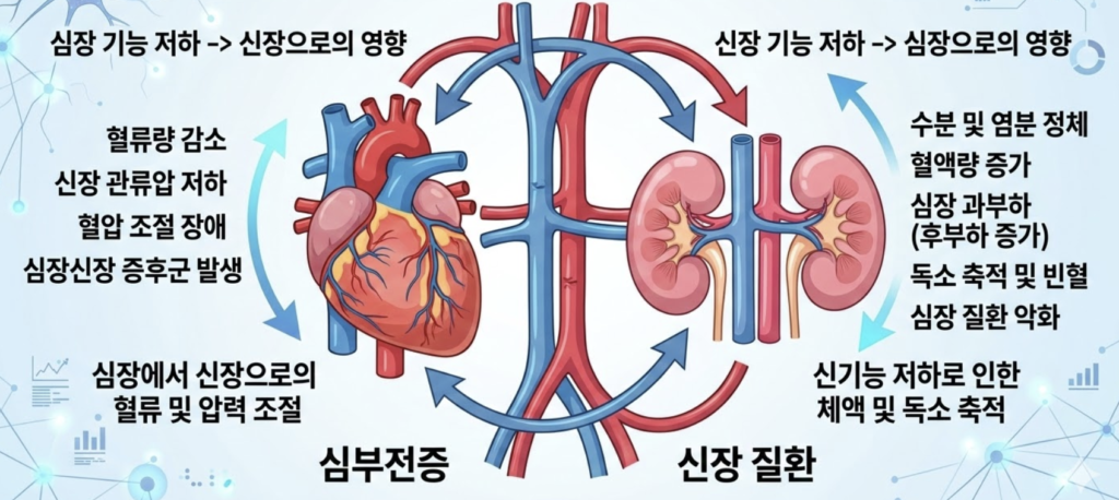 심장과 신장의 상호작용인 심장신장 증후군(Cardiorenal Syndrome)의 기전을 보여주는 메디컬 인포그래픽. 심박출량 감소가 신장 혈류에 미치는 영향과 신장의 수분 및 독소 축적이 심장에 미치는 악순환의 과정을 한글 설명과 함께 시각화함.