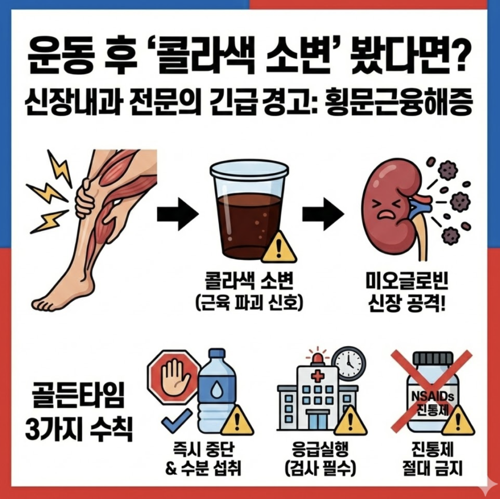 파란색과 빨간색이 절반씩 섞인 테두리 안에 흰색 배경으로 제작된 1:1 비율의 횡문근융해증 인포그래픽 썸네일. 상단에는 '운동 후 콜라색 소변 봤다면? 신장내과 전문의 긴급 경고: 횡문근융해증'이라는 문구가 적혀 있다. 중앙에는 근육 통증이 콜라색 소변으로 이어져 신장을 공격하는 과정이 화살표로 시각화되어 있으며, 하단에는 즉시 중단 및 수분 섭취, 응급실 방문, 진통제 금지라는 골든타임 3가지 수칙이 아이콘과 함께 설명되어 있다.
