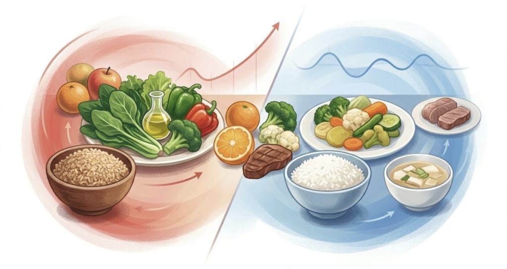 당뇨병 관리를 위한 현미와 생채소 위주의 식단과 만성콩팥병 관리를 위한 흰쌀밥과 조리된 단백질 위주의 식단이 서로 대비를 이루고 있는 전문 의학 삽화