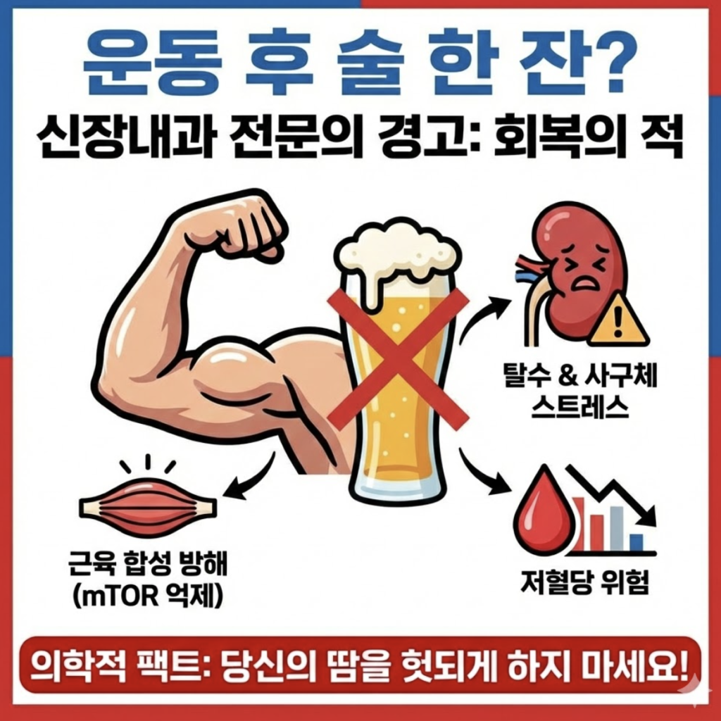 파란색과 빨간색 테두리로 구성된 1:1 비율의 인포그래픽 썸네일. 상단에는 '운동 후 마시는 술 한 잔? 신장내과 전문의 경고: 회복의 적'이라는 제목이 있다. 중앙의 맥주잔에 붉은색 X 표시가 되어 있으며, 여기서 뻗어나간 화살표들이 '근육 합성 방해(mTOR 억제)', '탈수 & 사구체 스트레스(신장 경고)', '저혈당 위험(하락 그래프)'이라는 세 가지 의학적 악영향을 시각적으로 보여준다. 하단에는 '당신의 땀을 헛되게 하지 마세요!'라는 문구가 적혀 있다