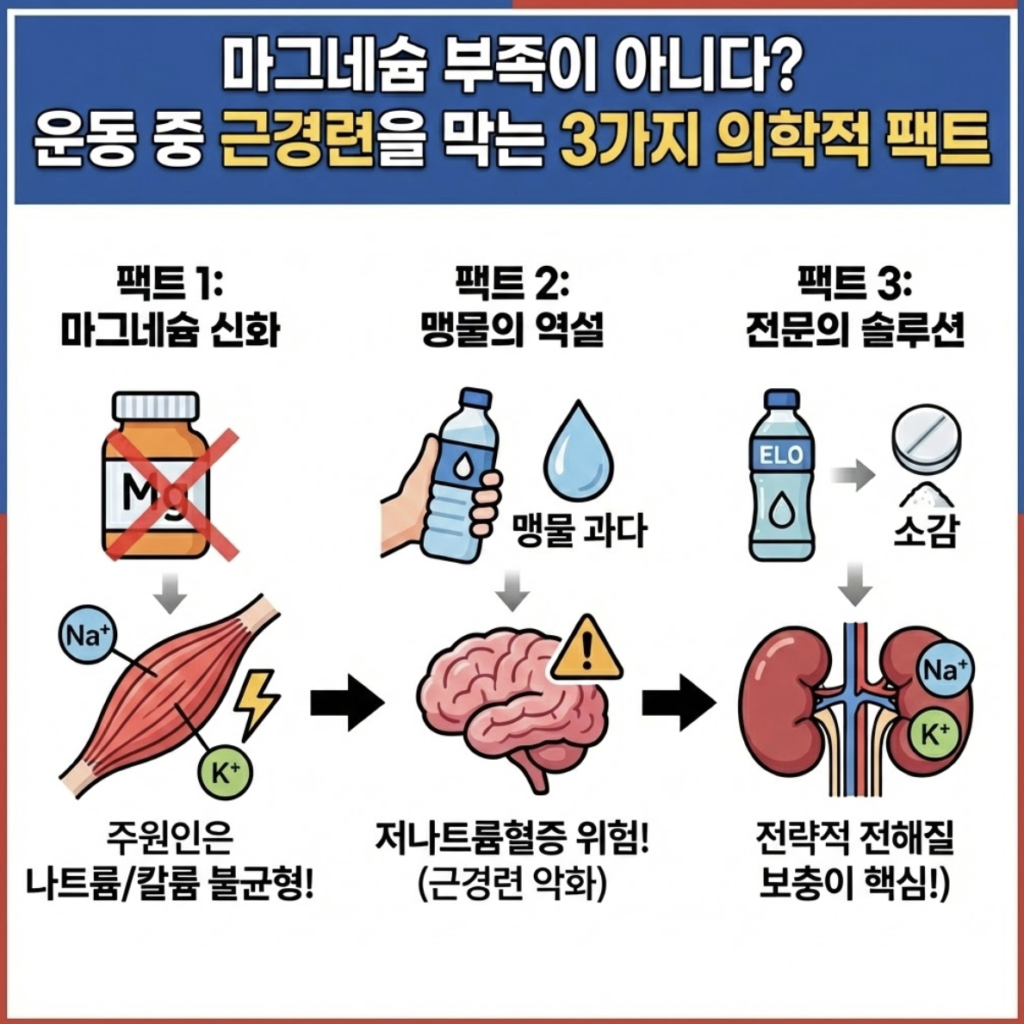 상단에 '마그네슘 부족이 아니다? 운동 중 근경련을 막는 3가지 의학적 팩트'라는 파란색 배너 제목이 있는 인포그래픽입니다. 중앙은 세로로 3등분되어 있습니다. 왼쪽 '팩트 1: 마그네슘 신화' 패널에는 X 표시가 된 마그네슘 약병 아래로 나트륨(Na+)과 칼륨(K+) 이온이 불균형한 근육 섬유와 번개 표시가 있으며, "주원인은 나트륨/칼륨 불균형!"이라는 문구가 있습니다. 가운데 '팩트 2: 맹물의 역설' 패널에는 물병을 든 손과 물방울, 경고 기호가 있는 부은 뇌 그림이 있고 "저나트륨혈증 위험! (근경련 악화)"라고 적혀 있습니다. 오른쪽 '팩트 3: 전문의 솔루션' 패널에는 전해질 음료(ELO)와 소금 알약이 건강한 신장으로 이어져 나트륨과 칼륨 균형을 맞추는 그림과 함께 "전략적 전해질 보충이 핵심!"이라는 문구가 있습니다. 하단은 빨간색 테두리로 마감된 빈 공간입니다.