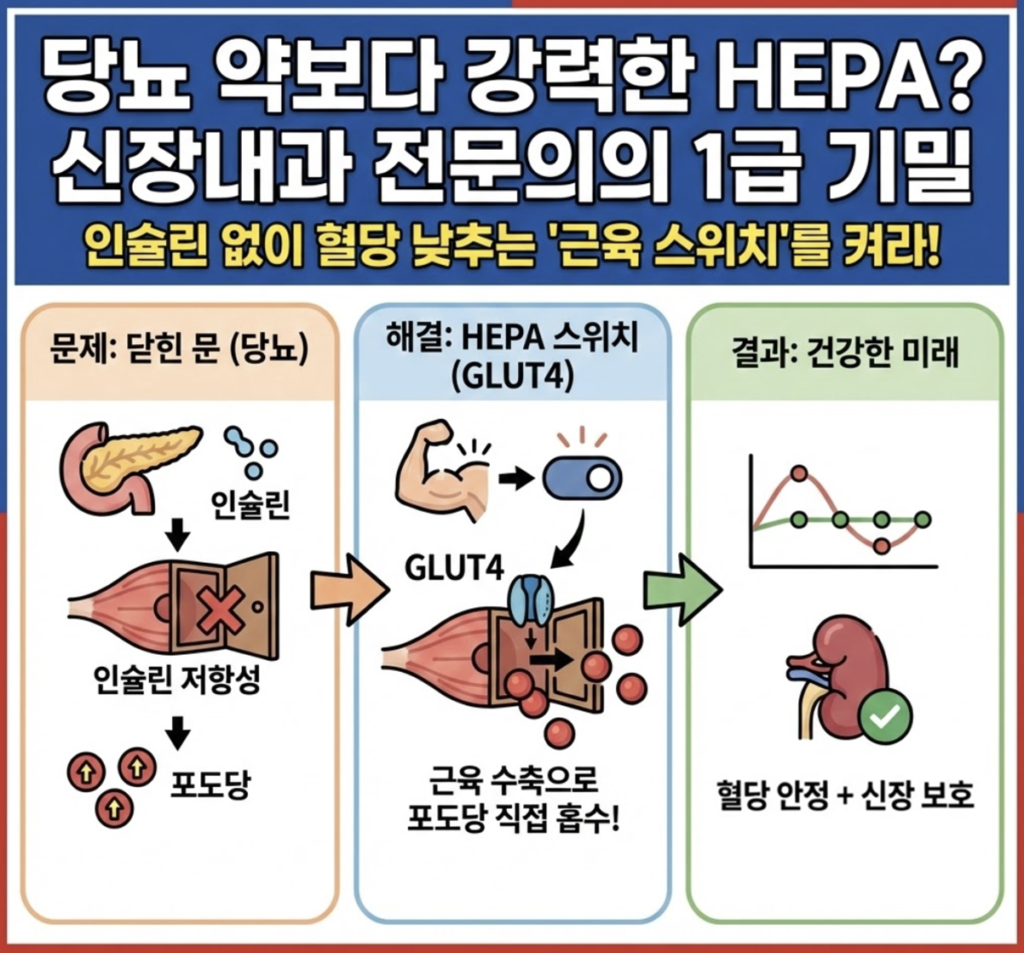 파란색과 빨간색이 상하좌우 절반씩 대비를 이루는 테두리 안에 구성된 1:1 비율의 인포그래픽 썸네일입니다. 당뇨 운동방법, HEPA 의 역할. 라는 주제를 시각화 합니다. 상단에는 "당뇨 약보다 강력한 당뇨 운동방법 (HEPA)? 신장내과 전문의의 1급 기밀"이라는 제목과 함께 "인슐린 없이 혈당 낮추는 '근육 스위치'를 켜라!"는 문구가 적혀 있습니다. 중앙은 세 단계로 나뉘어, 1단계는 인슐린 저항성으로 포도당이 흡수되지 못하는 '문제'를, 2단계는 HEPA 활동을 통해 GLUT4가 활성화되어 포도당을 직접 흡수하는 '해결' 과정을, 3단계는 혈당 안정과 신장 보호라는 '결과'를 시각화하여 보여줍니다. 