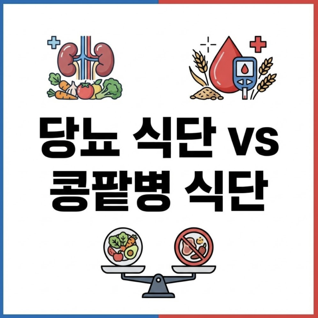 만성콩팥병 식단과 당뇨 관리의 차이점을 설명하는 전문 인포그래픽 썸네일. 하얀색 배경에 파란색과 빨간색 테두리가 있으며, 중앙에 당뇨 식단 vs 콩팥병 식단이라는 검은색 문구와 함께 신장 및 혈당 측정기 아이콘이 배치되어 있음.