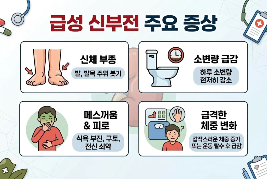 급성 신부전 증상을 설명하는 인포그래픽
하얀색 배경에 푸른색과 붉은색 테두리가 가미된 깔끔한 인포그래픽 스타일로, 급성 신부전(급성 신손상) 시 나타나는 주요 신체 변화를 네 가지 구획으로 나누어 설명하고 있습니다.
신체 부종: 양말 자국이 남을 정도로 심하게 부은 발과 발목의 일러스트와 함께 "발, 발목 주위 붓기"라는 설명이 적혀 있습니다.
소변량 급감: 변기와 시계 아이콘을 통해 "하루 소변량이 현저히 감소"하는 상태를 직관적으로 표현했습니다.
메스꺼움 & 피로: 얼굴색이 창백해진 인물이 입을 가리고 있는 모습과 함께 "식욕 부진, 구토, 전신 쇠약" 증상을 명시했습니다.
급격한 체중 변화: 체중계 위에 올라가 당황해하는 인물의 모습과 함께 "갑작스러운 체중 증가 또는 운동 탈수 후 급감"이라는 문구가 포함되어 있습니다.
