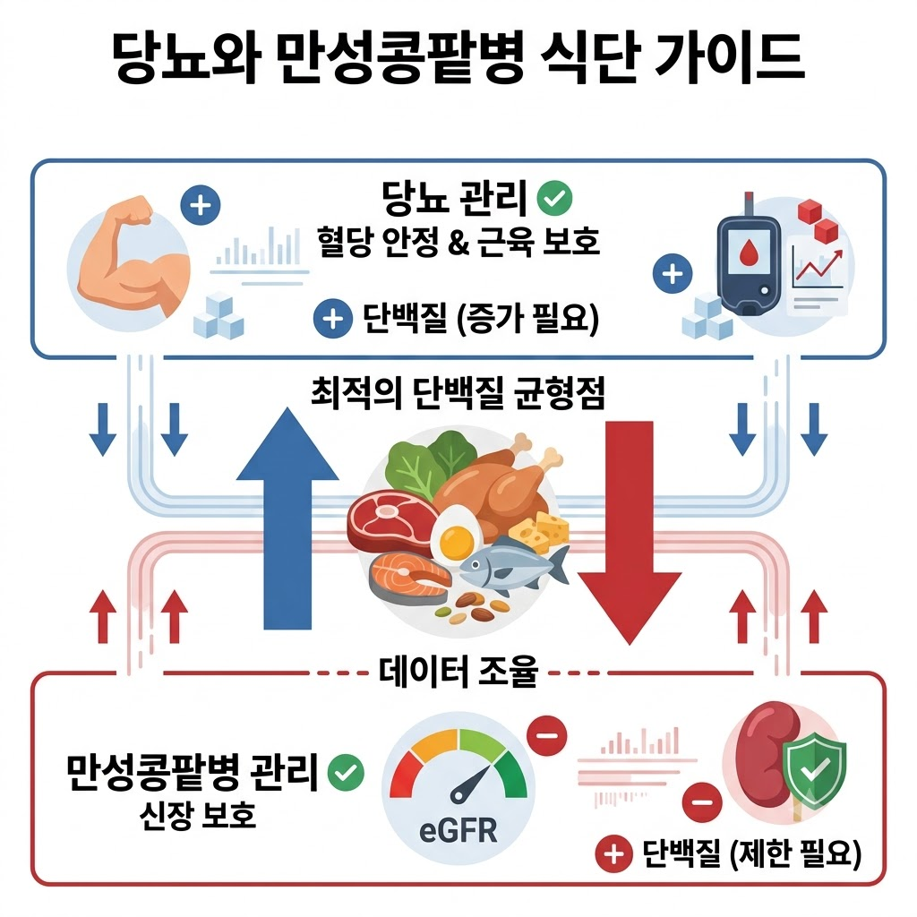 당뇨 만성콩팥병 단백질 식단 가이드 인포그래픽 썸네일. 상단의 당뇨 관리 및 혈당 안정을 위한 단백질 증가 화살표와 하단의 만성콩팥병 관리 및 eGFR 기준 신장 보호를 위한 단백질 제한 화살표가 대조를 이루는 이미지.