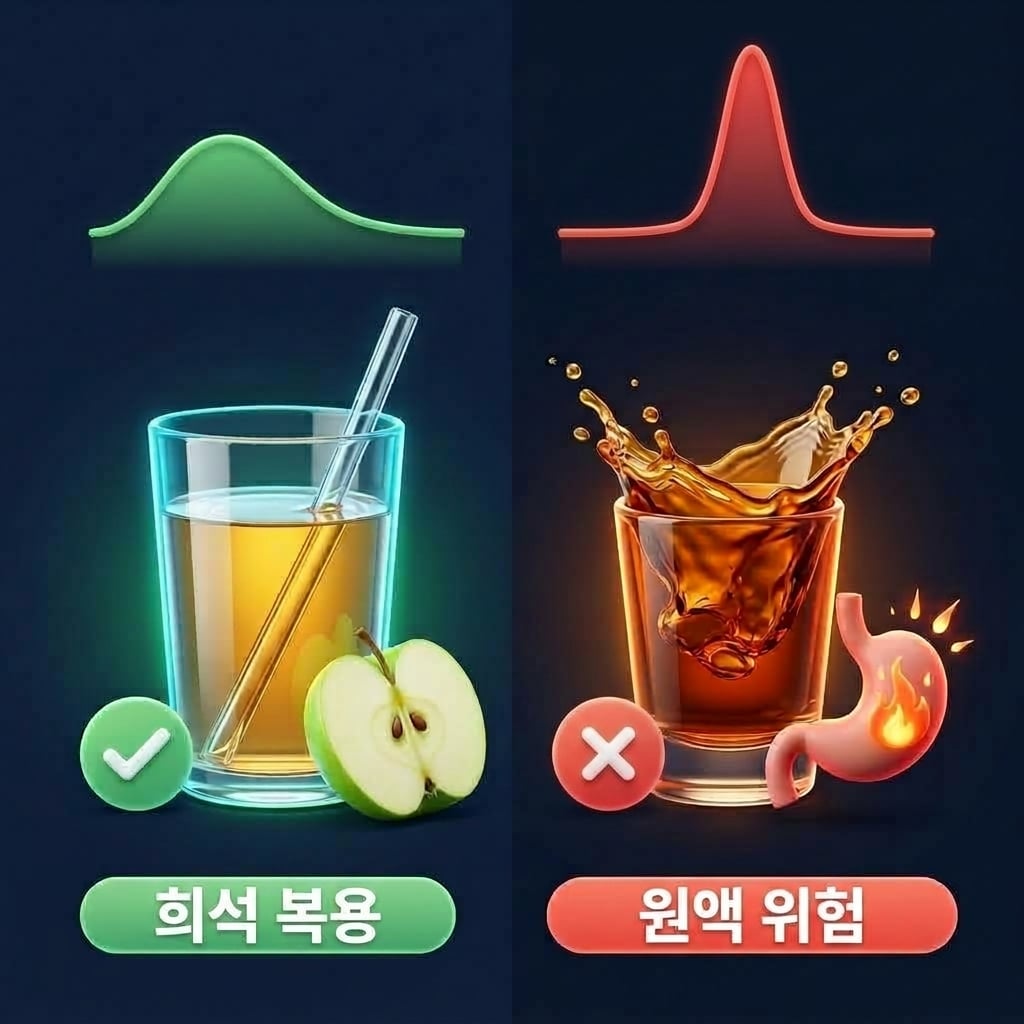 애사비(사과식초) 올바른 1:15 희석 복용과 완만한 혈당 곡선 vs 고농도 원액 섭취에 따른 위산 자극 및 치아 손상 위험 비교 인포그래픽