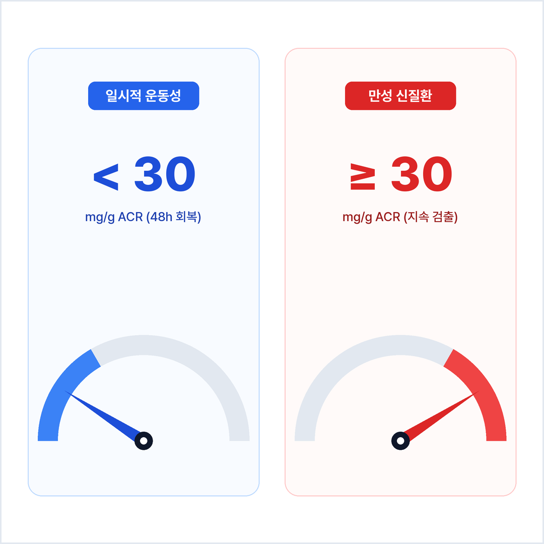 운동 후 단백뇨 감별 기준: 일시적 운동유발 48시간 내 정상 회복 ACR 30미만 vs 만성 신질환 3개월 지속 ACR 30이상
